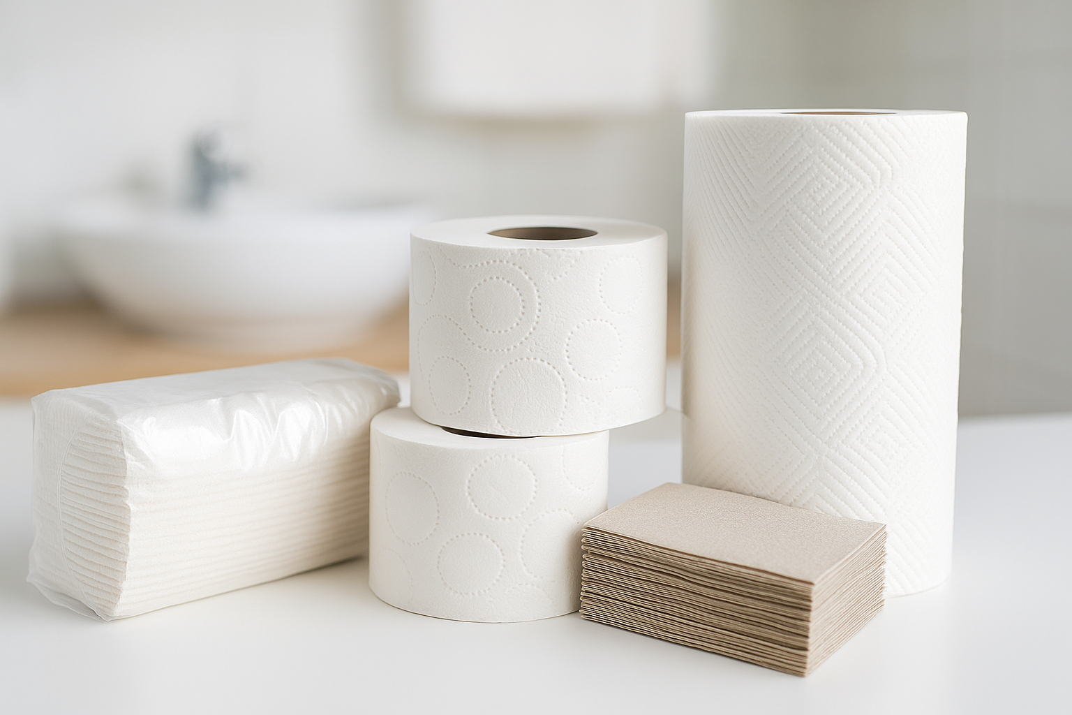 Supplier of Washroom Consumables Rugby. Toilet rolls, folded paper hand towels, and paper consumables displayed on a white washroom counter – perfect for commercial hygiene and washroom supplies in Rugby and Warwickshire