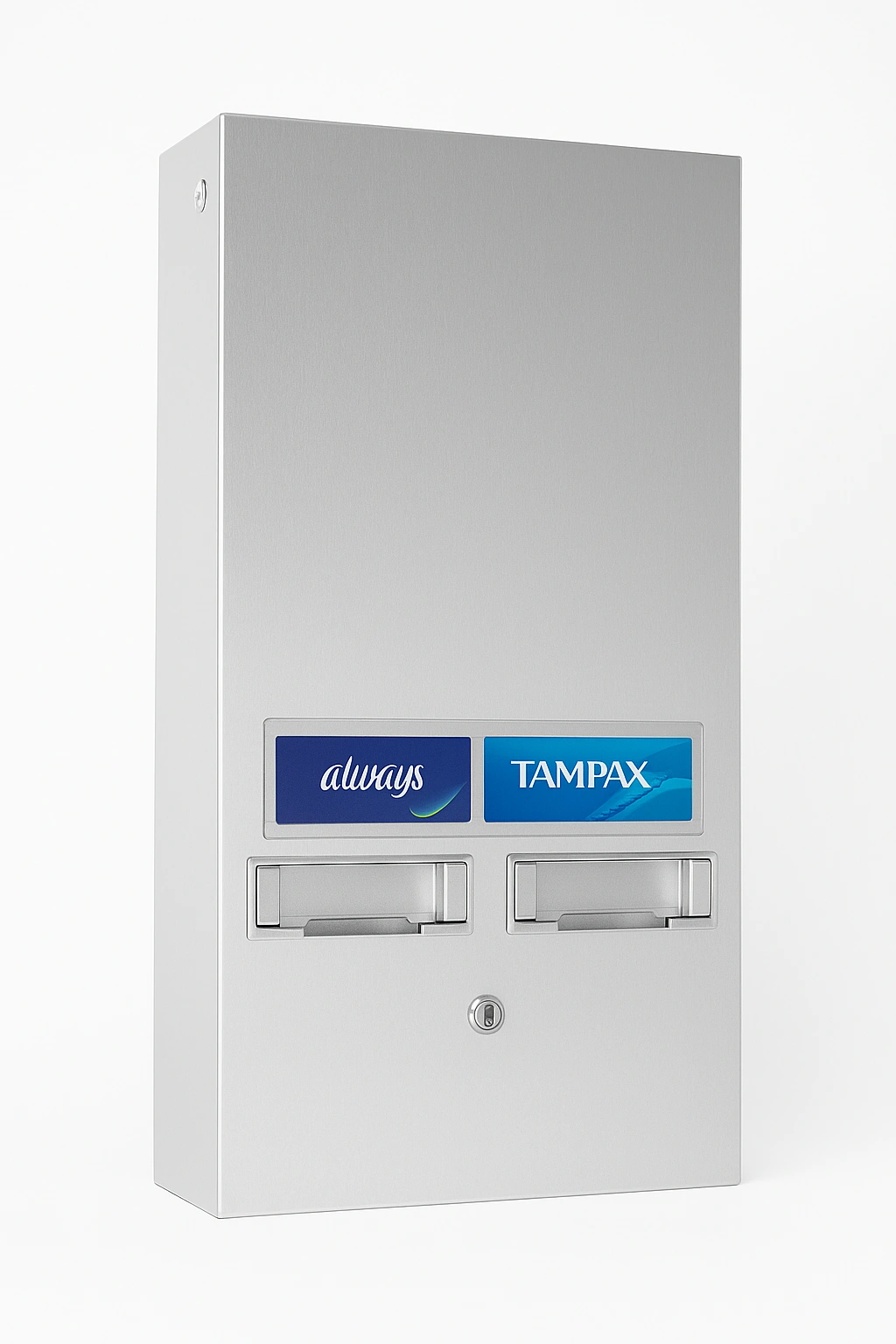 Stainless steel wall-mounted feminine hygiene vending machine with Always and Tampax branding