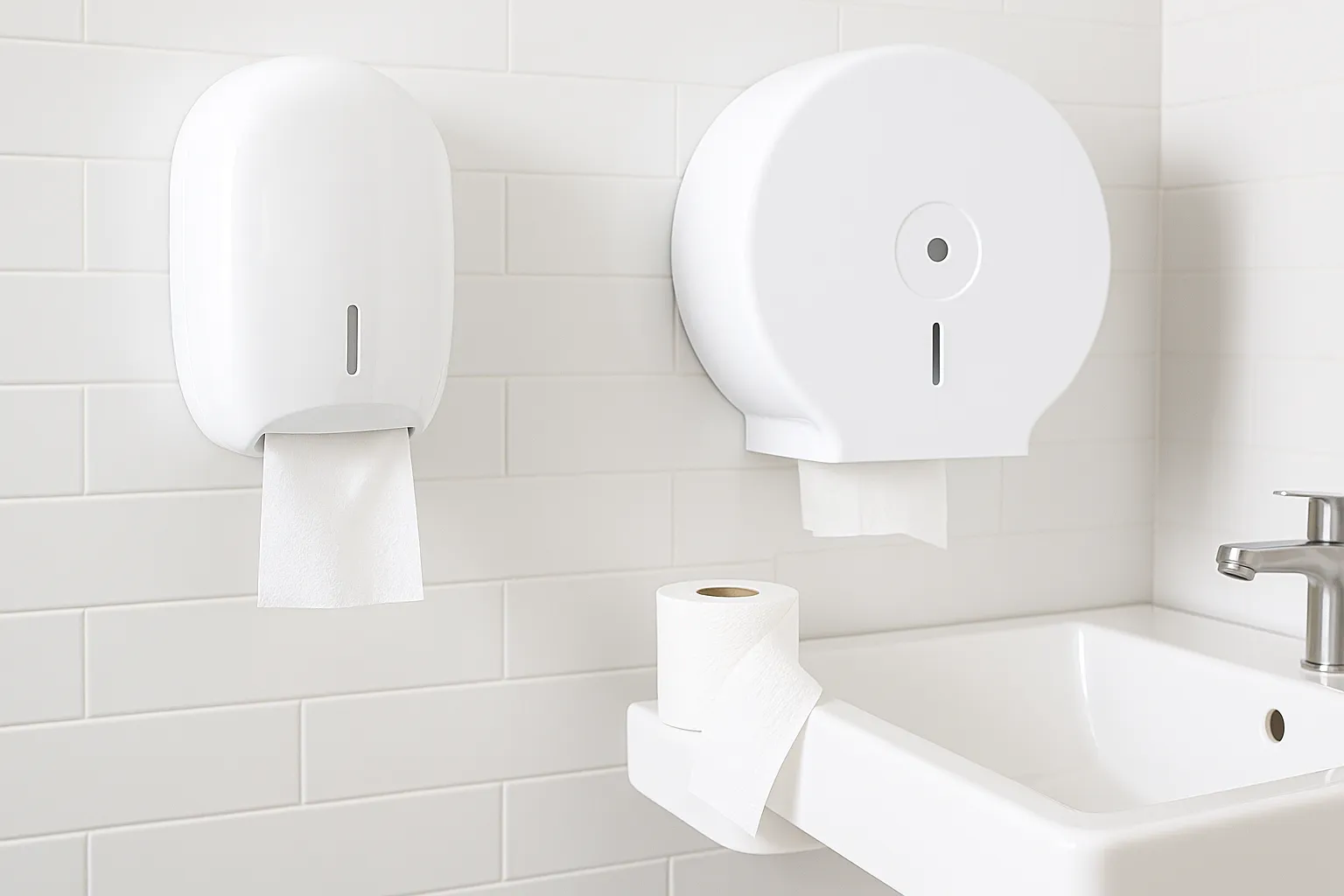 Hand and Toilet Roll Dispensers Rugby Wall-mounted hand and toilet roll dispensers Rugby in a commercial washroom in Rugby