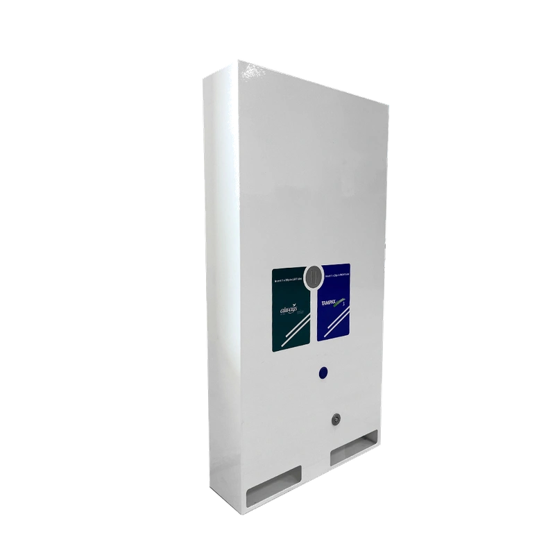 White wall-mounted feminine hygiene vending machine with transparent background