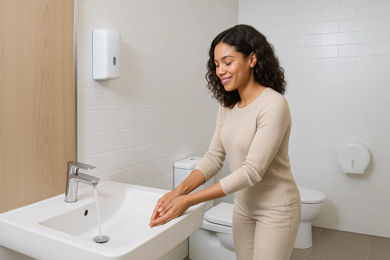 Modern commercial washroom with woman washing hands at sleek white sink, air freshener dispenser, and toilet in the background