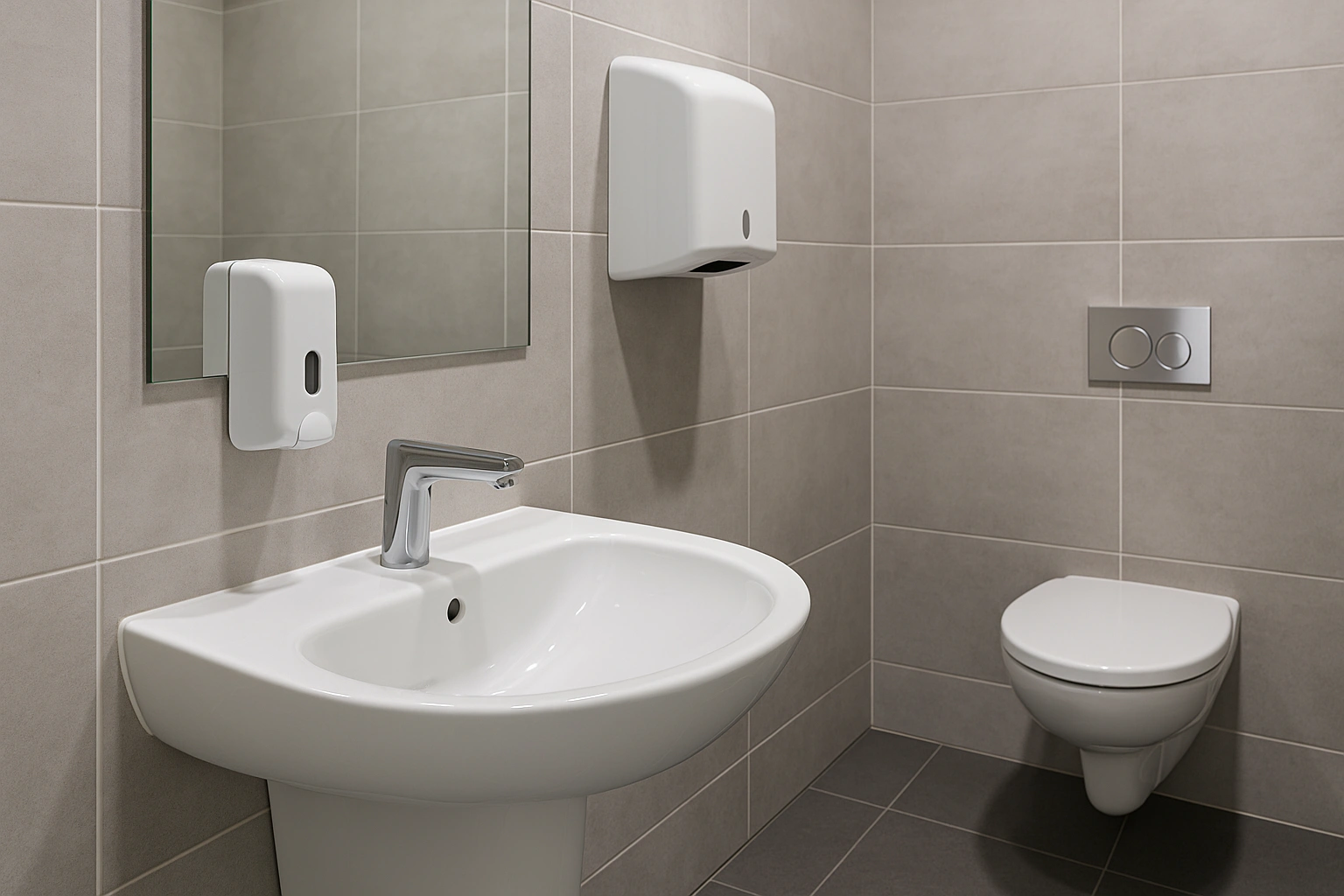 Modern public washroom with touch-free sink, automatic soap dispenser, and wall-mounted hand dryer